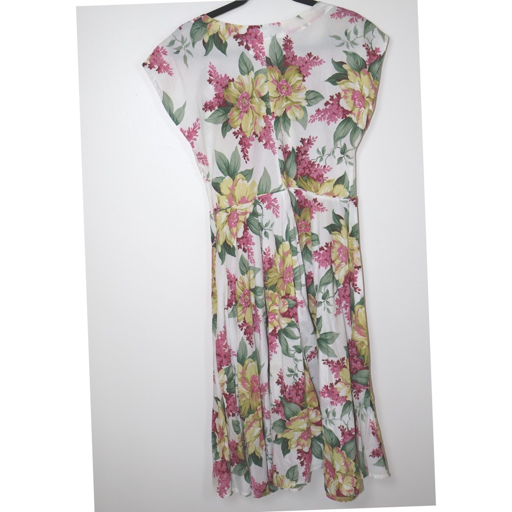 Lazybones Dress Size Large Floral Ivory Pink Cotton‎ Midi Cap Sleeve